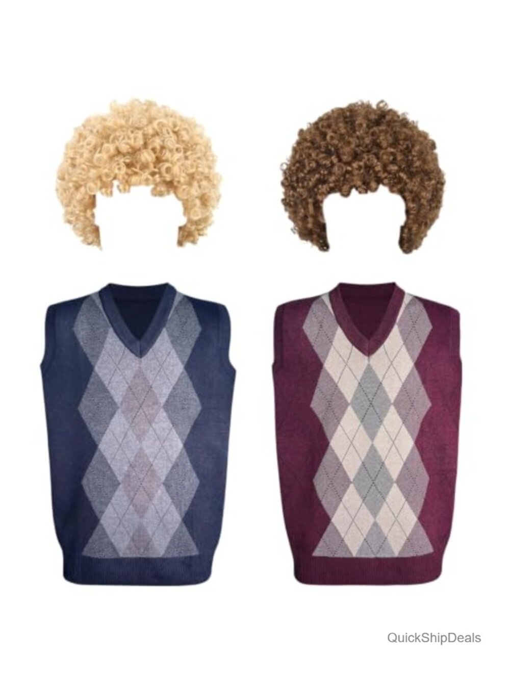 Mens 2pc Argyle Knit Sweater Vest & Afro Wig Cosplay Costume Set
